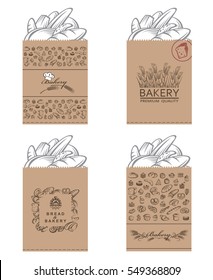 Collection of various food packages with bread and bakery products. Vector illustration
