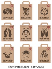 Collection of various food packages with dogs heads. Vector illustration