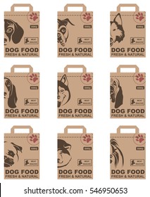 Collection of various food packages with dogs heads. Vector illustration