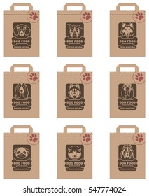 collection of various food packages with dogs heads