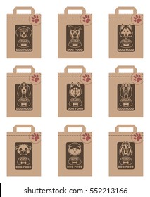 Collection of various food packages with dogs heads. Vector illustration