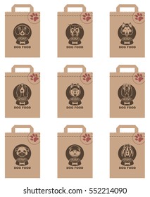 Collection of various food packages with dogs heads. Vector illustration