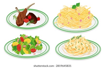 Collection of various food plates including grilled lamb chops, spaghetti carbonara, fresh salad, and creamy pasta.