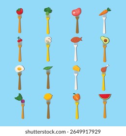 Collection of various foods, such as fruits, vegetables, meat, and protein, depicted on forks against a light blue background. The flat, colorful style and simple graphic elements 