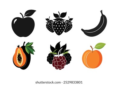 A collection of various fresh fruit silhouettes, featuring crisp and simple outlines of popular fruits like apples, bananas, oranges, and more. Ideal for clean, modern designs and branding.