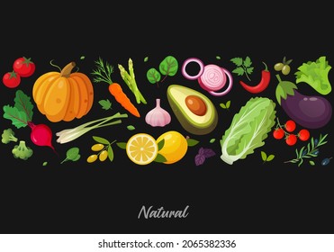 Collection of various fresh vegetables isolated on black background. Set of organic natural crops, salads, greens, etc.
Vector illustration of a healthy lifestyle.