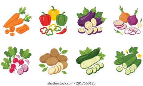Collection of various fresh vegetables, whole and sliced, including carrots, bell peppers, eggplants, and onions, displayed on a white background.