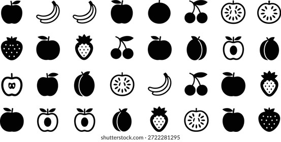 Colección de varios iconos de frutas en silueta negra sobre fondo blanco
