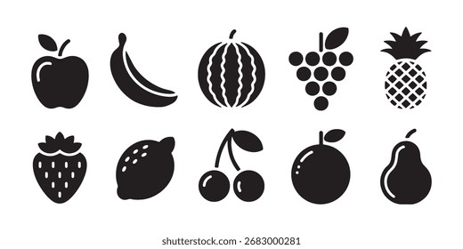 Sammlung verschiedener Fruchtsymbole auf sauberem, weißem Hintergrund