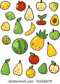A collection of various fruit illustrations with cute faces