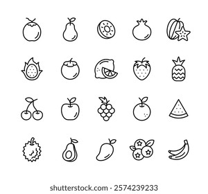 A collection of various fruit illustrations in a simple line art style with editable stroke