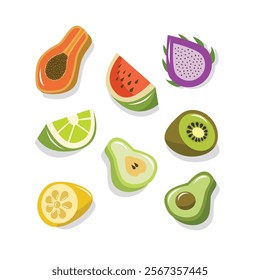 Collection of various fruit slice. Papaya. Watermelon. Dragon fruit. Pear. Citrus. Lemon. Avocado.