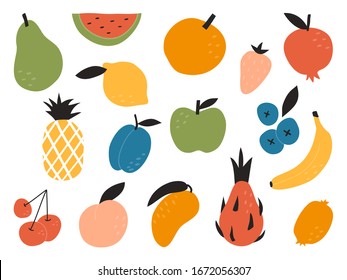 Collection of various fruits and berries. Simple flat style. Banana, cherry, pear, pineapple, blueberry, Pattaya, plum, watermelon, orange, Apple, mango, peach, strawberry, kiwi, lemon, pomegranate.