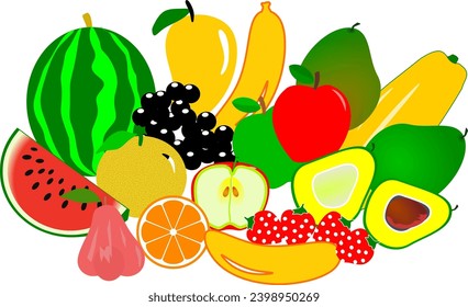 A collection of various fruits such as apples, oranges, grapes, bananas, avocados, mangoes, strawberries, papaya, watermelon and guava