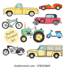 Collection of various funny hand-drawn transports - vector illustration. Old times. Isolated on a white background. Doodle. Sketch.