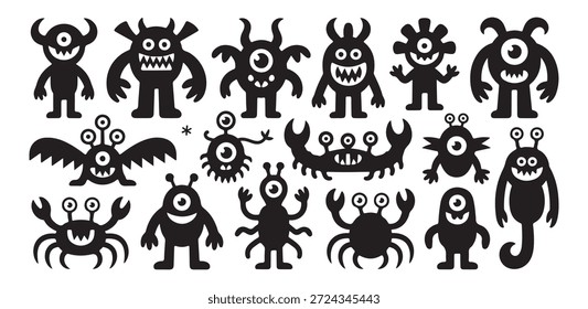 Collection of various funny monster characters featuring cute and scary creatures in a flat design style