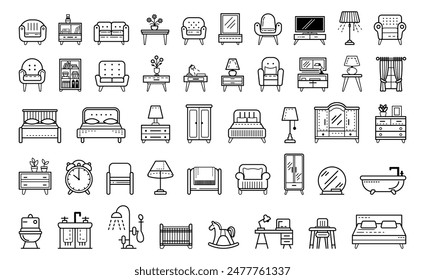 A collection of various furniture icons in a minimalistic, black-and-white line art style on a white background. Vector illustration