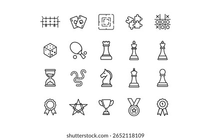 A collection of various game and award icons, all drawn in a simple black and white line art style. Includes chess pieces, dice, cards, and more.