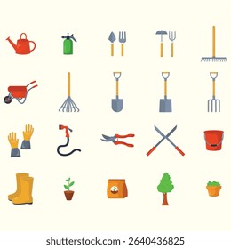 Collection of various gardening tools and equipment, including watering cans, wheelbarrows, shovels, rakes, hoes, pruners, hoses, gloves, boots, plant seedlings, and a bag of soil.  
