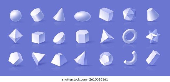 Collection of various geometric 3D shapes in glossy style with soft shadows on a plain blue background. Concept of geometry, mathematics, and design. Vector illustration