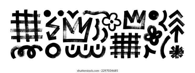 Collection various geometric brush drawn shapes. Crown, arrow, lightning, lattice and squiggles. Bold dry brush strokes. Vector geometric figures and objects. Abstract contemporary trendy banner.