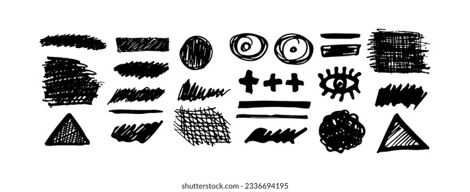 Colección de varias formas dibujadas con pincel geométrico. Ojos, flecha, círculo, celosía y calamares. Golpes de pincel negro audaz. Figuras y objetos geométricos vectoriales. Pancarta abstracta de moda.