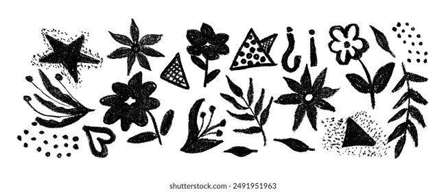 Kollektion Verschiedene geometrische Pinsel gezeichnete Formen und Blumen. Blumen, Blätter, Sterne, Punkt, Kreise und Schnörkel.  Vektorgrafik geometrische und botanische Figuren und Objekte. 