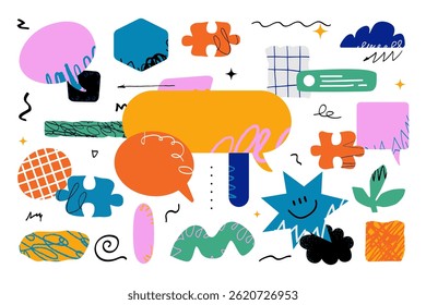 A collection of various geometric and organic shapes, speech bubbles, puzzle pieces and other decorative elements with various textures and doodles.