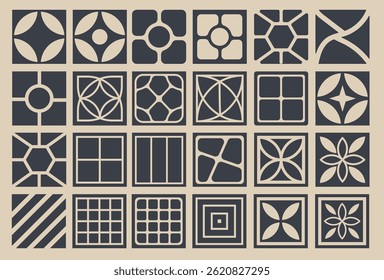 Collection of various geometric patterns showcasing modern abstract shapes and vintage-inspired ornamental designs. Ideal for textile, graphic design, or creative projects requiring retro elegance.