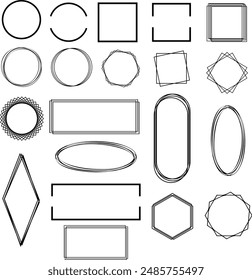 Collection of Various Geometric Shapes, Circles and Squares, in Array of Sizes and Styles, Minimalistic Symmetry. Frames and Borders. Monochrome Set.