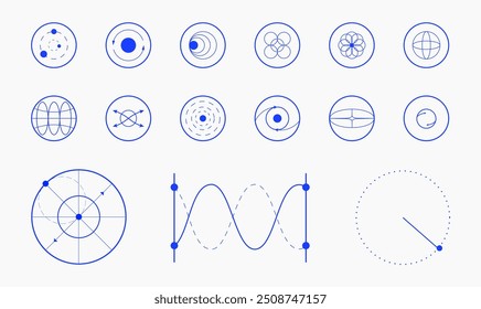 Collection of various geometric shapes, circles, lines, curves, arranged in grid pattern, representing different scientific and mathematical concepts. Modern aesthetics, minimalist art. Vector design