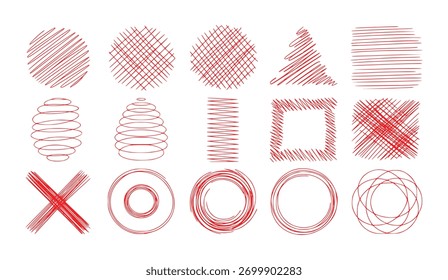 Uma coleção de várias formas geométricas renderizadas em linhas rabiscadas vermelhas em um plano de fundo branco.