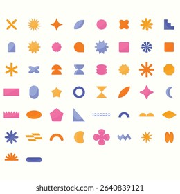 Collection of various geometric shapes, including circles, squares, stars, triangles, and other forms, presented in a vibrant mix of colors.  
