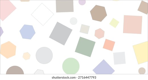 Uma coleção de várias formas geométricas, incluindo quadrados, hexágonos e círculos, renderizados em tons pastel macios e dispersos em um fundo branco limpo.