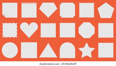 Collection of various geometric shapes on an orange background. Includes circles, squares, triangles, and stars. Geometric shapes in different forms. Memo element vector set.