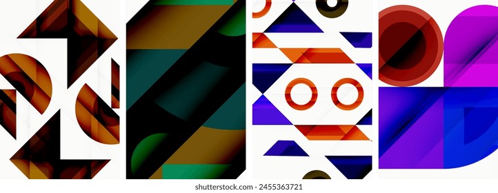 A collection of various geometric shapes such as rectangles, triangles, and circles in different colors like electric blue, creating a symmetrical pattern on a white background