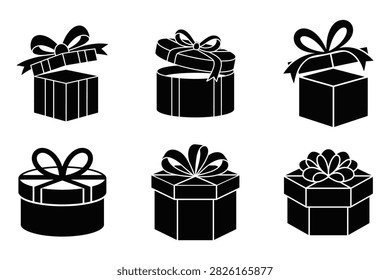 Collection of various gift box silhouettes with ribbons and bows, including open and closed boxes in different shapes, isolated on a white background.