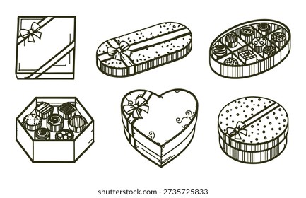 Collection of various gift boxes and containers with desserts and chocolates