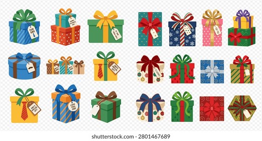 A collection of various gift boxes, each with unique patterns, ribbons, and tags, suitable for different occasions and celebrations.