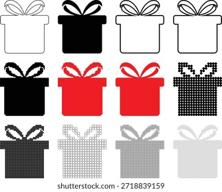 Colección de varias cajas de regalo con cintas en diferentes estilos y diseños, incluidos colores sólidos negros y rojos, monocromos y patrones punteados adecuados para varios temas y celebraciones navideñas