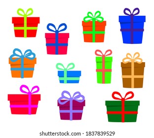 Collection of various gifts on a white background. Cartoon. Vector illustration.