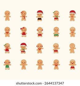 Collection of various gingerbread men and women with different outfits.  Each figure is simple and cartoonish.