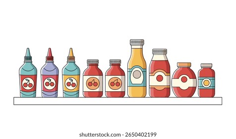 Coleção de vários frascos de vidro e garrafas cheias de alimentos deliciosos e condimentos