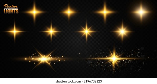 Collection of various glowing stars. A set of glare from a sunbeam. Flashes of light. Glow effect, sparks, radiance, shine. Vector illustration on a black background.
