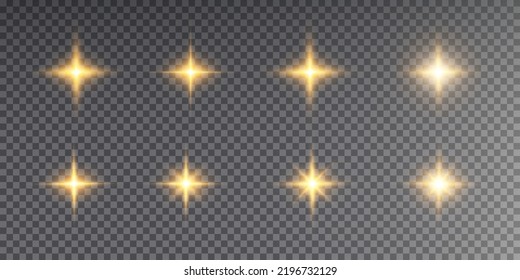 Collection of various glowing stars. A set of glare from a sunbeam. Flashes of light. Glow effect, sparks, radiance, shine. Vector illustration on a black background.

