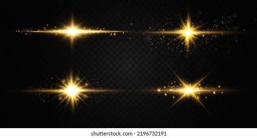 Collection of various glowing stars. A set of glare from a sunbeam. Flashes of light. Glow effect, sparks, radiance, shine. Vector illustration on a black background.
