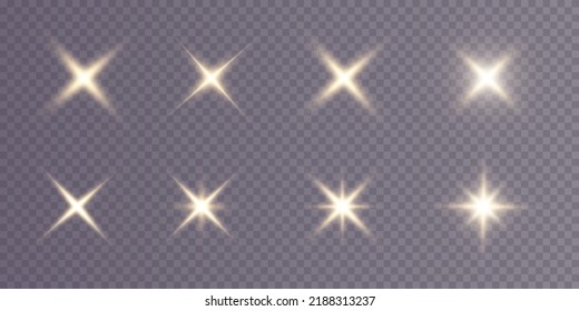 Collection of various glowing stars.A set of glare from a sunbeam. Flashes of light. The effect of glow, sparks, radiance, shine. Vector illustration on a transparent background.
