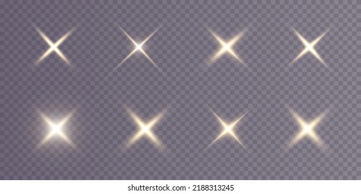 Colección de varias estrellas brillantes.Un conjunto de resplandor de un rayo de sol. Rayos de luz. El efecto del resplandor, las chispas, la radiancia, el brillo. Ilustración vectorial en un fondo transparente.
