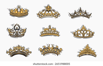Collection of various gold crowns with elaborate decorative designs, suitable for use in various design projects, including fashion, illustrations, and graphics