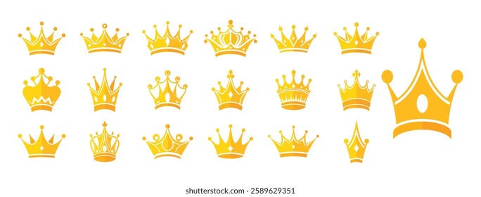 Collection of Various Golden Crowns for Luxury and Royalty Designs, Golden Crown Icons Set Isolated on White Background.